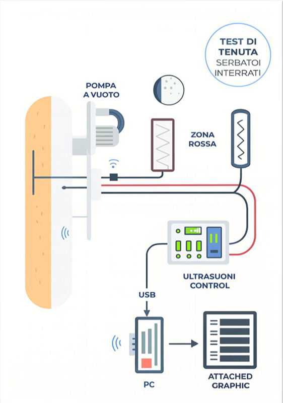 Schema del sistema di test di tenuta serbatoi con ultrasuoni
